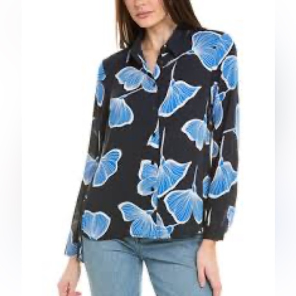 CABI Regal Floral Blue and White Floral Long Sleeve Button Front Top size Large - Picture 1 of 3
